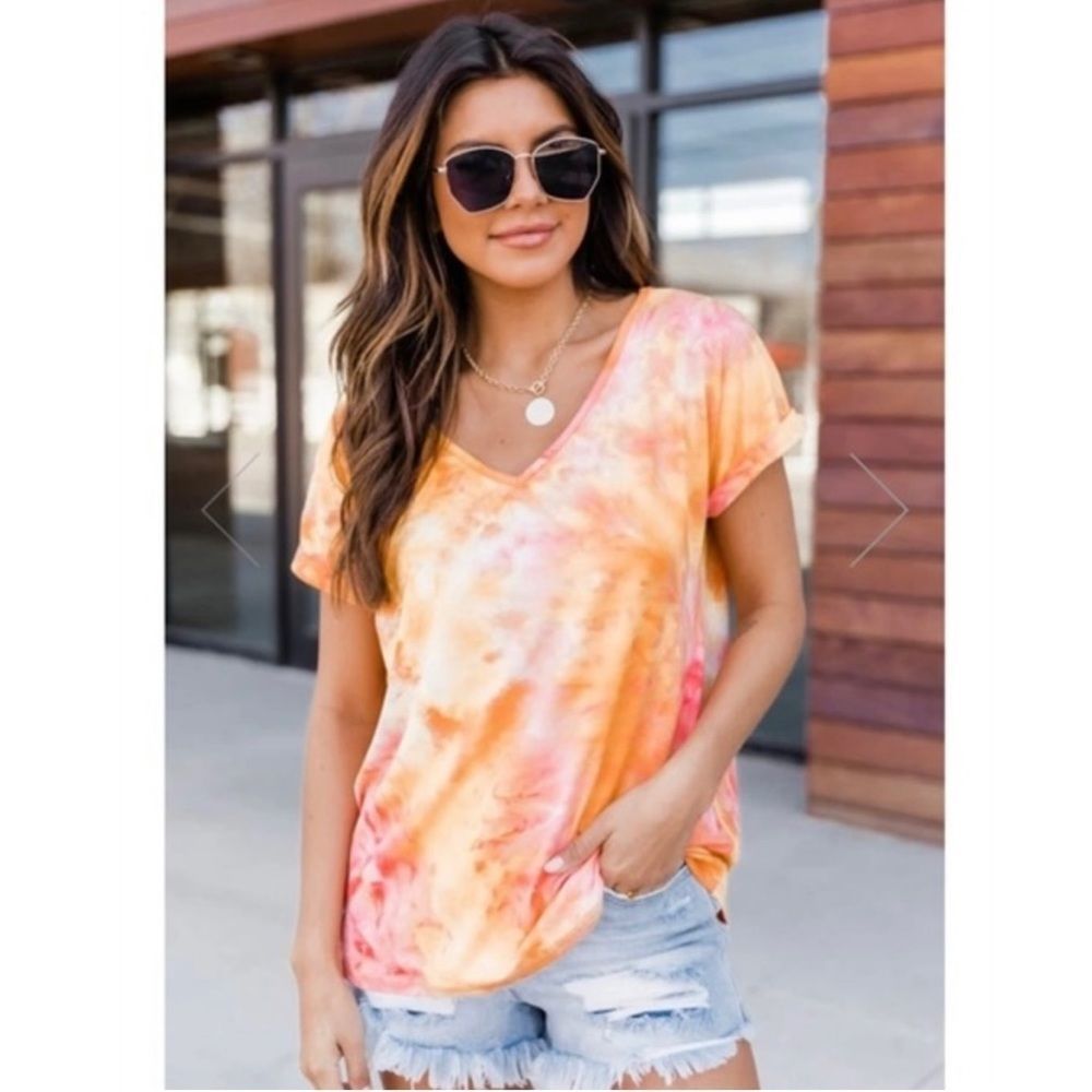 Pink Lily Tie Dye Pullover V-neck Top Roll Sleeve Detail OVERSIZED Size Small
